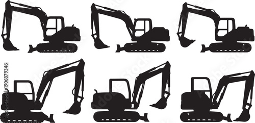Black Solid Various Types of Construction Excavator Silhouettes Set of Six on White Background