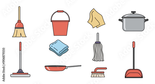 Assorted cleaning tools and household items illustration.