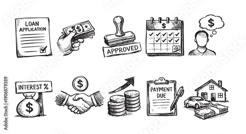 Hand-drawn style vector illustration about loan application and financial concepts. Depicts money, payments, real estate, interest, and investments. Ideal for finance, business, or economy themes.