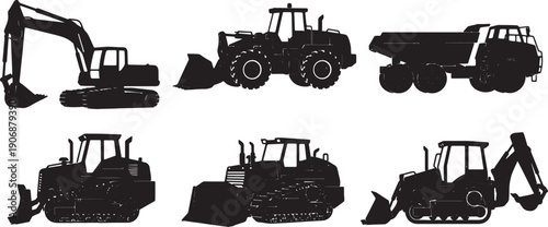 Black Solid Various Construction Vehicle Silhouettes Set of Six on White Background