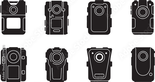 Black Solid Police Body Camera Silhouettes Set of Six on White Background
