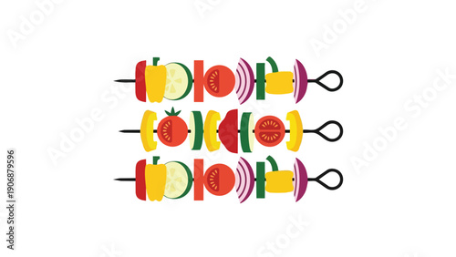 A bright and appealing illustration showcasing three rows of freshly prepared vegetable skewers, perfect for promoting healthy eating, plant-based