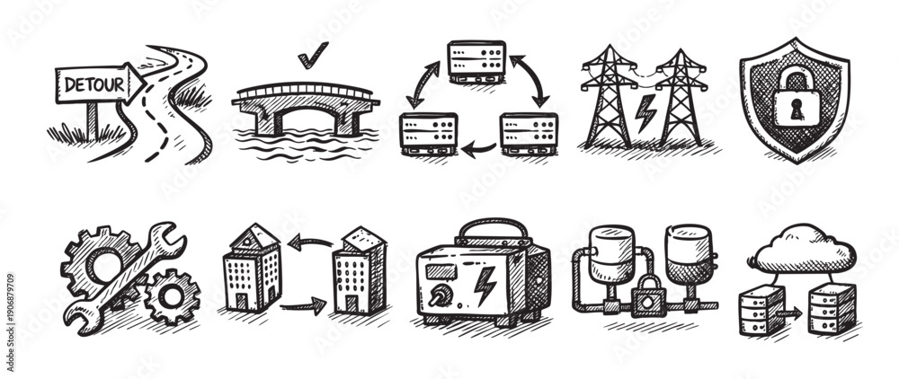 Fototapeta premium Hand-drawn style icons depicting infrastructure elements like detours, bridges, servers, power grids, security, and resource management. Use for presentations, reports, and infographics about data.