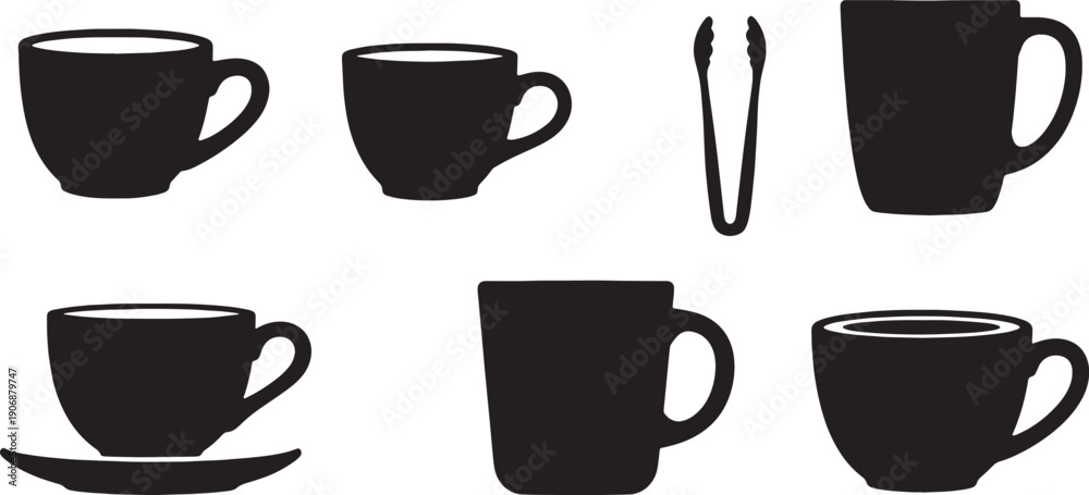 custom made wallpaper toronto digitalBlack Solid Coffee Cup with Sugar Tongs Silhouettes Set of Six on White Background