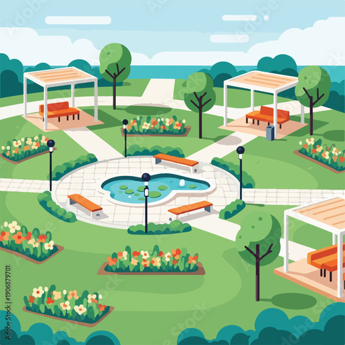 Flat illustration of a park with a pond, seating, and flower beds