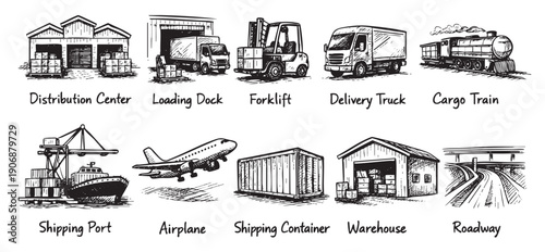 Hand-drawn illustrations depicting elements of the global supply chain, including a warehouse, truck, train, and port. Use for logistics, distribution and business.