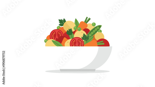 A vibrant, fresh assortment of garden vegetables artfully arranged in a pristine white serving bowl, symbolizing wholesome nutrition and healthy