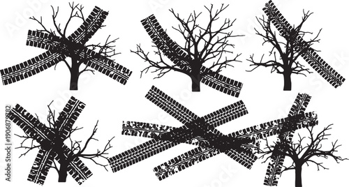 Black Solid Crushed Sapling Silhouettes Set of Six on White Background