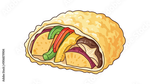 Crispy vegetable fritter illustration showcasing diverse colorful fillings within a golden crust.