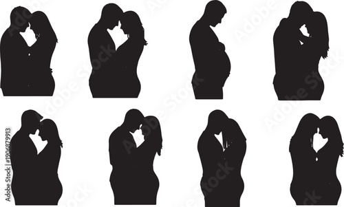 Black Solid Pregnant Couple Maternity Hugs Set of Six on White Background