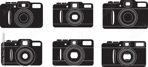 Black Solid Compact Point-and-Shoot Camera Silhouettes Set of Six on White Background