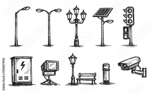 A hand-drawn illustration featuring various street furniture elements, including lamps, traffic lights, a bench, and a security camera. Black and white design for architectural projects.
