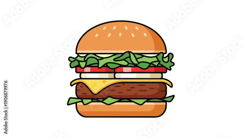 A vibrant vector illustration displaying a perfectly layered classic hamburger with fresh lettuce, ripe tomatoes, melted cheese, and a savory patty