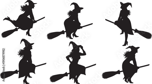 Black Solid Preparing for Flight Witch Silhouettes Set of Six on White Background