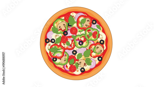 Colorful vegetarian pizza illustration brimming with fresh bell peppers, onions, mushrooms, olives, tomatoes, and basil leaves on a golden crust