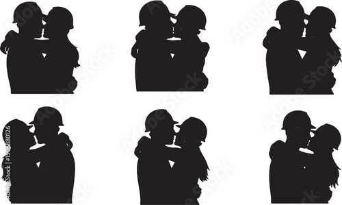 Black Solid Construction Helmet Build Hugs Set of Six on White Background