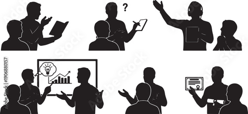 Black Solid Continuous Learning Enthusiasm Silhouettes Set of Six on White Background