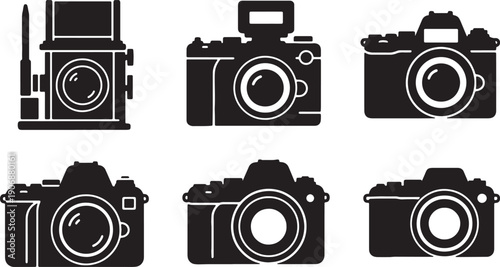Black Solid Professional Still Life Camera Silhouettes Set of Six on White Background