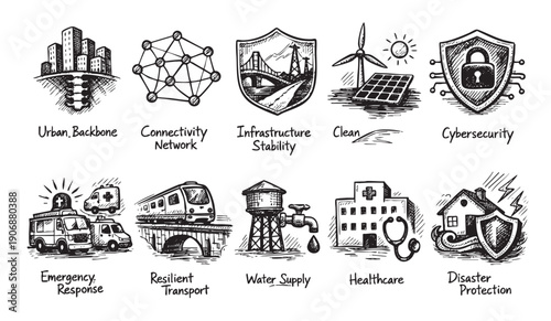 Hand-drawn style sketches illustrating infrastructure, technology, and industry, including city, energy, networking, and medical icons. Ideal for illustrating concepts or reports.