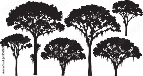 Black Solid Rainforest Canopy Giant Tree Silhouettes Set of Six on White Background