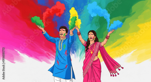 Couple celebrating Holi festival with colorful powder traditional Indian attire joyful cultural event illustration on white background