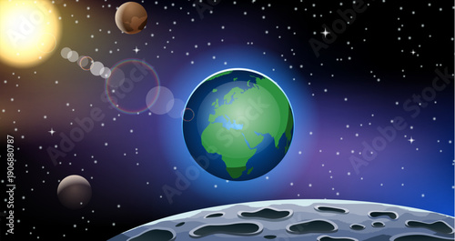 Earth in the space with stars and moon. Vector cartoon illustration.