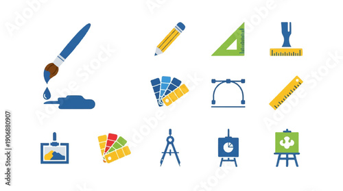 Graphic design tools and elements on black background