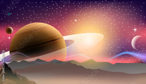 Background scene with planets in the space illustration for children and adults. vector