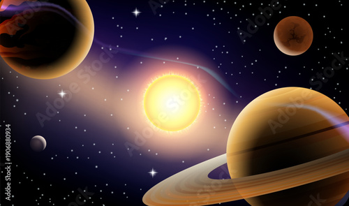 Background scene with planets in the space illustration for children and adults. vector