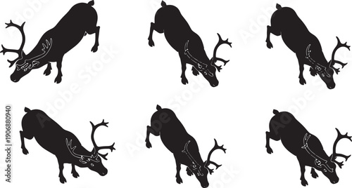 Black Solid Reindeer Bird's Eye View Silhouettes Set of Six on White Background
