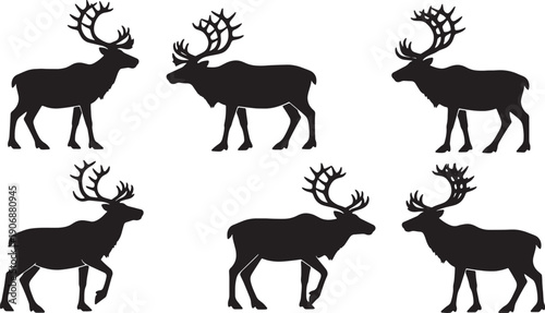 Black Solid Reindeer Communication Poses Silhouettes Set of Six on White Background