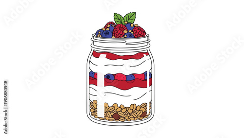 Layered parfait in a jar featuring granola yogurt berry compote fresh berries and mint a visually appealing and nutritious breakfast choice for a