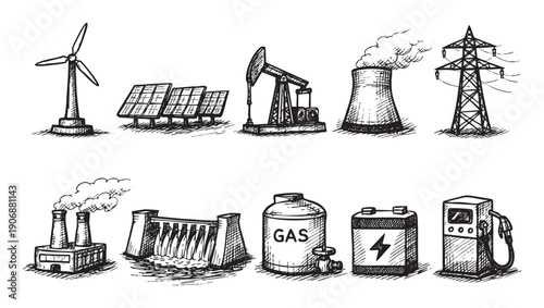 A collection of hand-drawn illustrations depicting various energy sources, both renewable and non-renewable. Ideal for educational materials or sustainable business concepts.