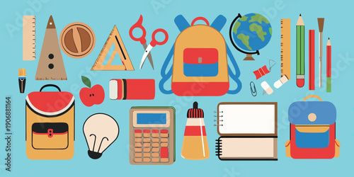 Colorful flat lay illustration of various school supplies and learning tools