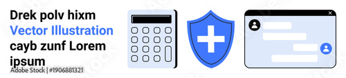Free Download Financial protection, cybersecurity, online transactions, secure communication, healthcare, user identity. Calculator, shield with cross and profile interface. Financial protection and cybersecurity - GFXLoad