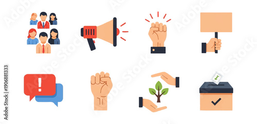 Social justice icons demonstrating protest and advocacy symbols on black