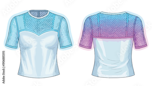 Vibrant gradient activewear top illustration showcasing front and back views with intricate patterned mesh detailing on the yoke and short sleeves