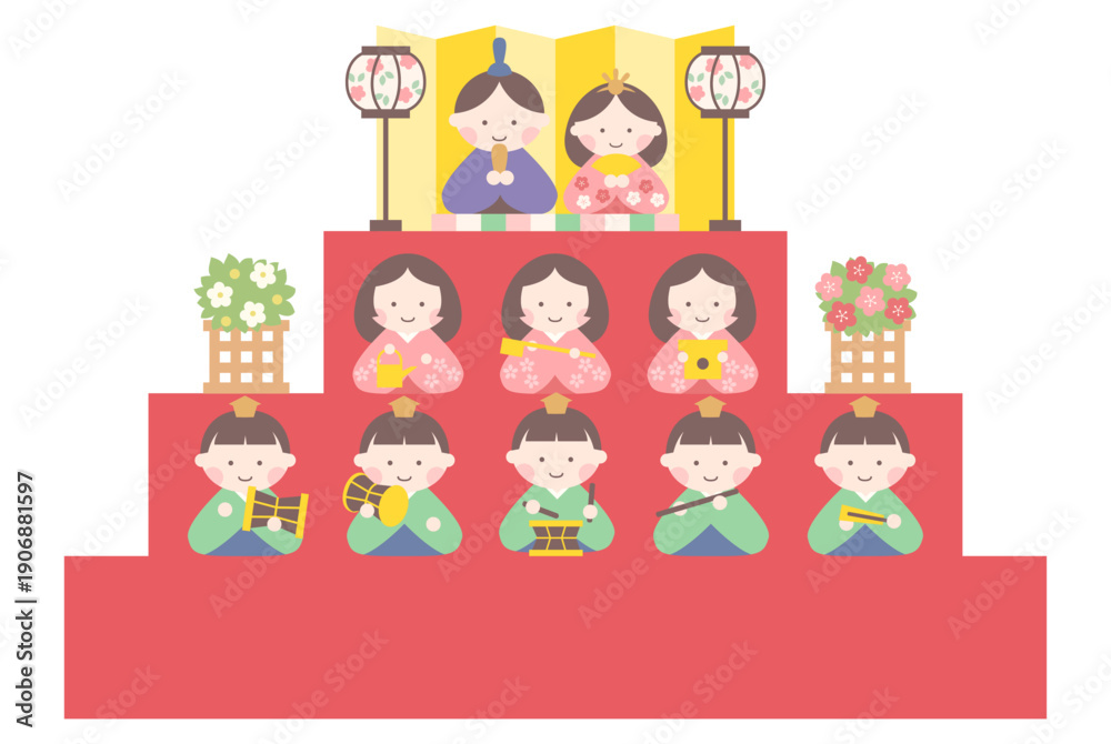 Obraz premium ひな祭りの雛人形段飾りのかわいいベクターイラスト