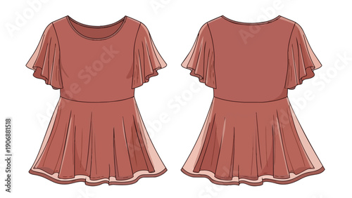 Fashion illustration of a stylish women's dress with elegant butterfly sleeves, perfect for casual or formal wear, detailed garment flat sketch