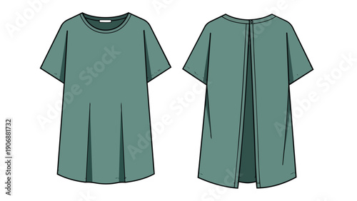 Contemporary fashion flat sketch showcasing a relaxed teal short-sleeve top featuring a distinctive split back design, ideal for garment production