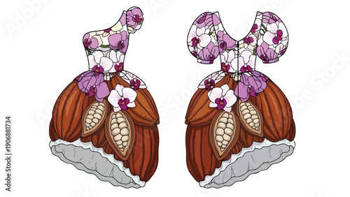 Fashion illustrations of unique dresses. Vibrant orchids adorn bodices, cacao pods form skirts. A captivating blend of natural elegance and