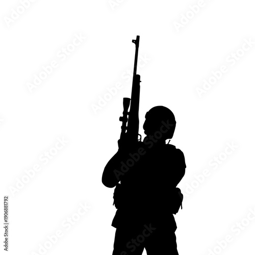 Silhouette of a soldier holding a sniper rifle in position.