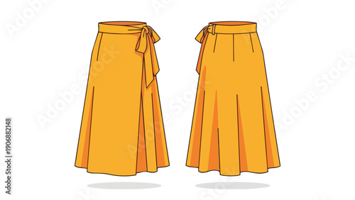 Elegant flat sketch of a mustard yellow women's midi wrap skirt with front tie detail and pleated back view
