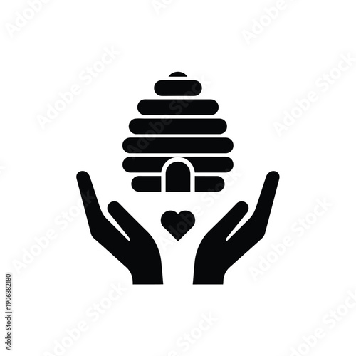 Hands holding beehive with heart graphic icon in black, representing beekeeping and love for nature, in various designs