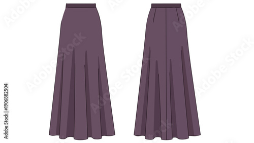 Flat sketch of a stylish flowing purple maxi skirt, front and back views