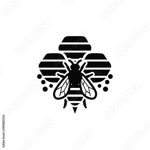 Bee on a honeycomb with stripes and circles, black and white