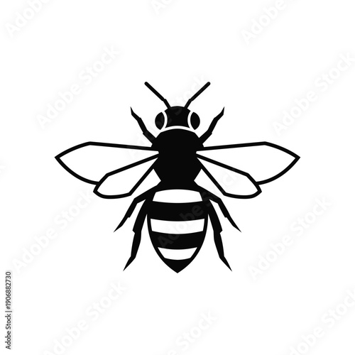Honey bee icon, insect with stripes, black and white silhouette, apiary, beekeeping, natural sweetness source