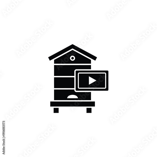 Beehive with play button icon symbolizing beekeeping information or online educational content about bees and honey production