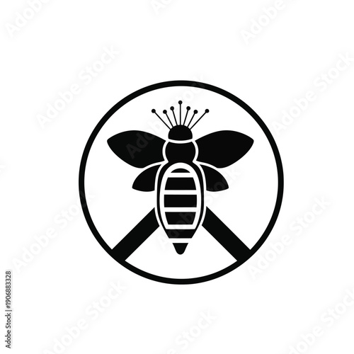 Stylized bee in a circle with crossed out symbol over legs isolated on white background, no bees concept, protect bees