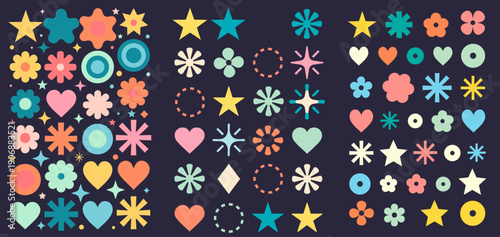 Cute Shape Icons Set – Colorful Hearts, Stars and Flowers Vector Collection